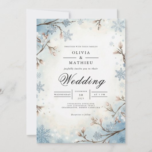 Mattierte Branches Blaue Winterhochzeit Einladung (Vorderseite)