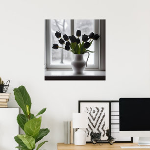 "Mattierte Eleganz: Schwarze Tulpen in einer weiße Poster