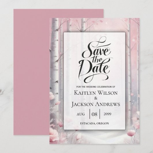 Mattierte Petals bei einer Winterwoodlandhochzeit Save The Date (Vorne/Hinten)