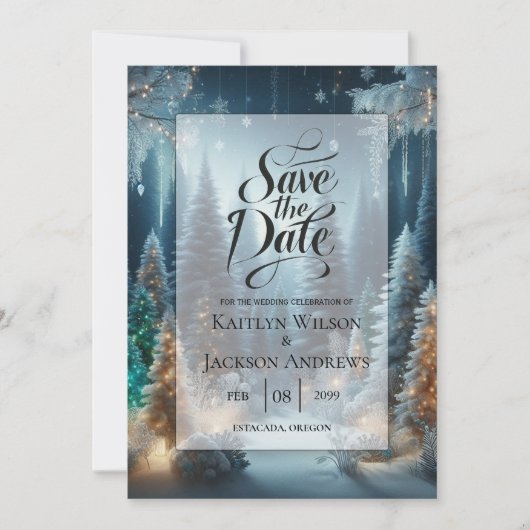 Mattierte Pinien bei Winterglühensehen Save The Date (Vorderseite)