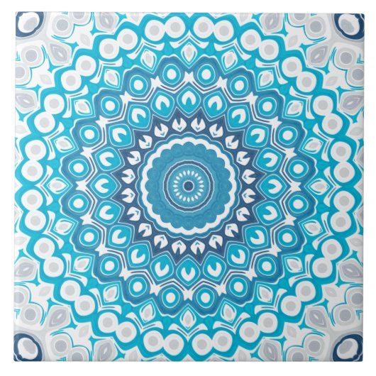 Mattierte Wintergeometrie in Blau und Weiß Mandala Fliese (Vorderseite)