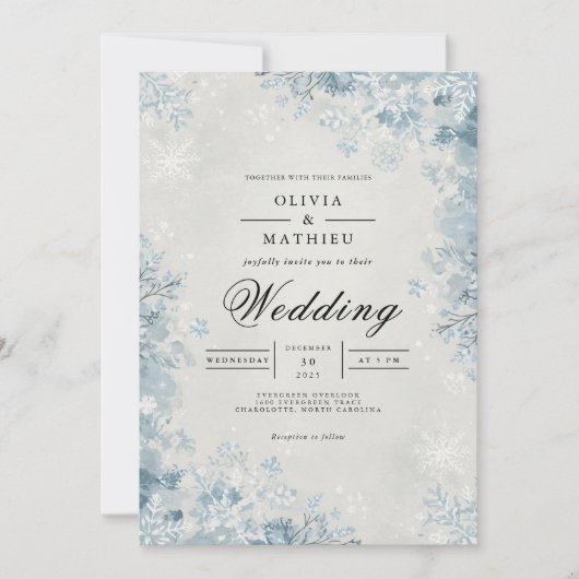 Mattierter blauer Winter blüht Hochzeit Einladung (Vorderseite)