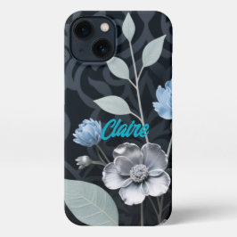 Mattiertes Winter Floral, Icy Blue & Silver Muster iPhone 13 Hülle