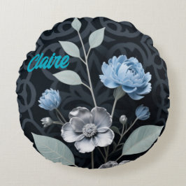 Mattiertes Winter Floral, Icy Blue & Silver Muster Rundes Kissen