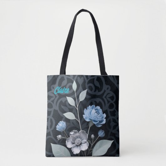 Mattiertes Winter Floral, Icy Blue & Silver Muster Tasche (Vorderseite)