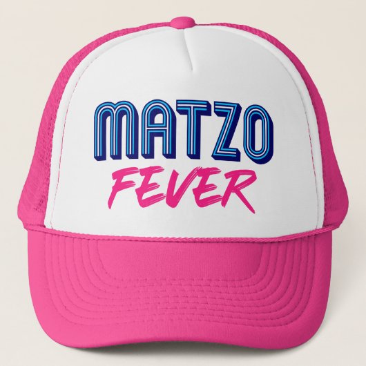 Matzo Fever Blue Pink 70er Jüdischer Retro-Slogan Truckerkappe (Vorderseite)