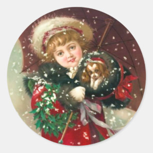 Maud Humphreys Winter-Mädchen mit Hund Runder Aufkleber