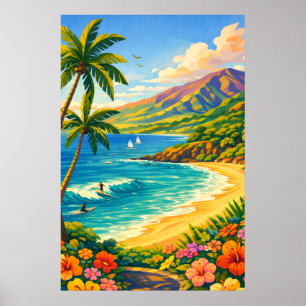Maui Hawaii Tropische Küstenlinie Retro Reise Kuns Poster