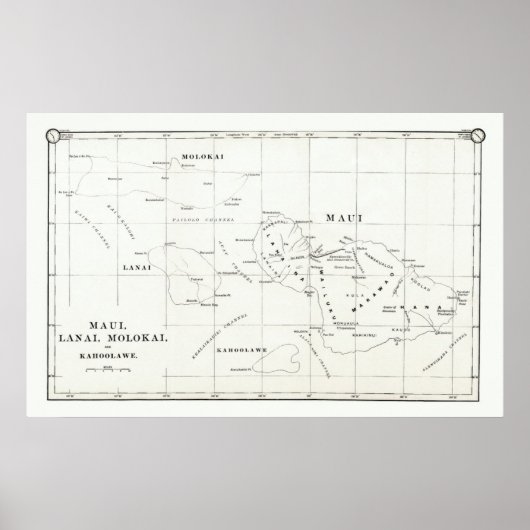 Maui, Lanai, Molokai, Kahoolawe Vintag Map 1890 Poster (Vorne)