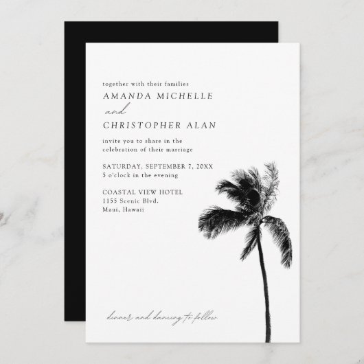 Maui Wedding Modern Hawaii Black & White Elegant Einladung (Vorne/Hinten)