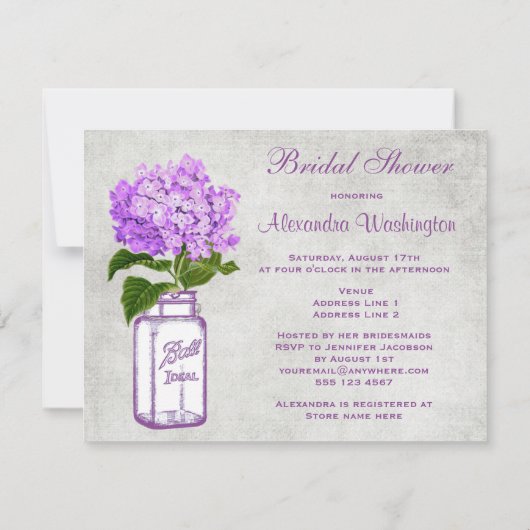 Maurer-Glas u. lila Hydrangea-Grau-Brautparty Einladung (Rückseite)