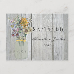 Maurer-Glas-Wildblumen-Scheunen-Holz Save the Date Ankündigungspostkarte