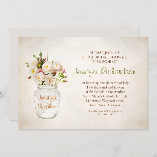 Maurerkirsche und weiße Rosen Braudusche Einladung (Vorne/Hinten)