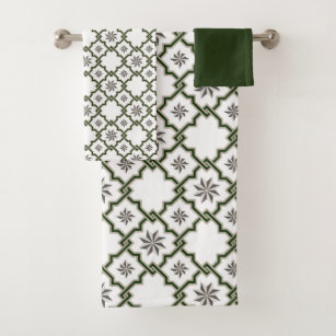Maurisches Muster in Grünem u. im Grau auf Weiß Badhandtuch Set