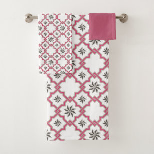 Maurisches Muster in rosa u. Grau auf Weiß Badhandtuch Set