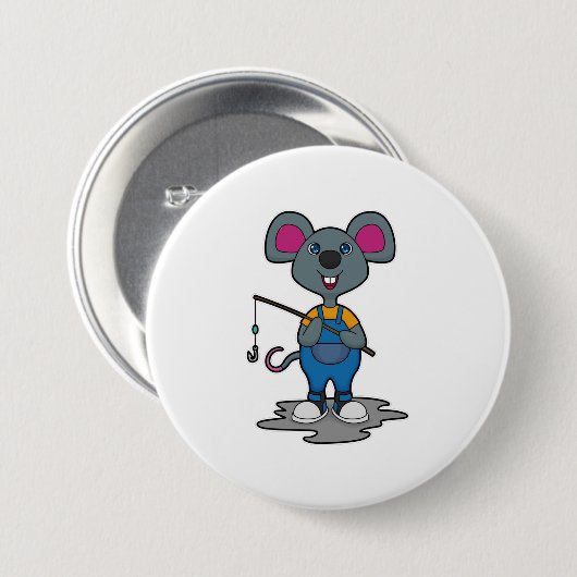Maus als Fisher mit Angelrute Button (Vorne & Hinten)