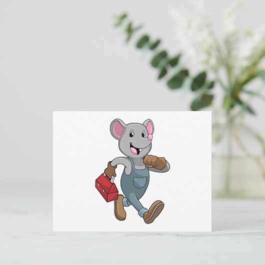 Maus als Handyman mit Toolbox Postkarte (Stehend Vorderseite)