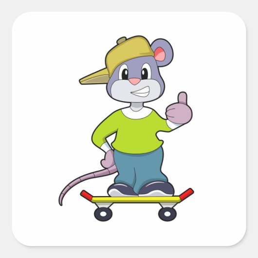 Maus als Skater mit Skateboard Quadratischer Aufkleber (Vorderseite)