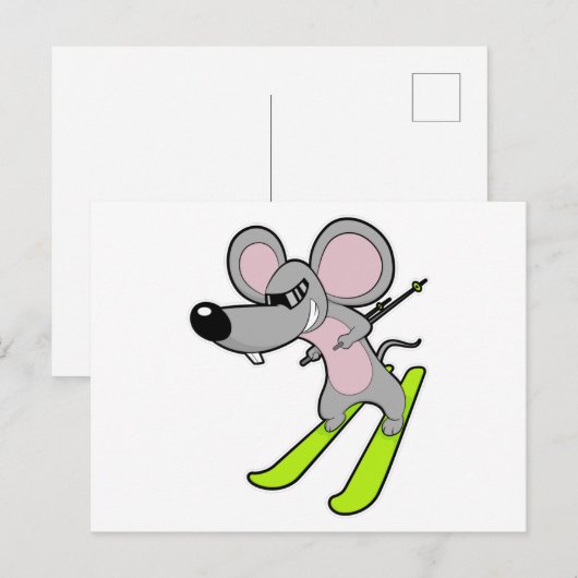 Maus als Skifahrer mit Ski Postkarte (Vorne/Hinten)