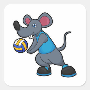 Maus als Volleyballspieler mit Volleyball Quadratischer Aufkleber