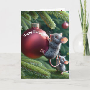Maus an einem roten Weihnachtsornament Feiertagskarte