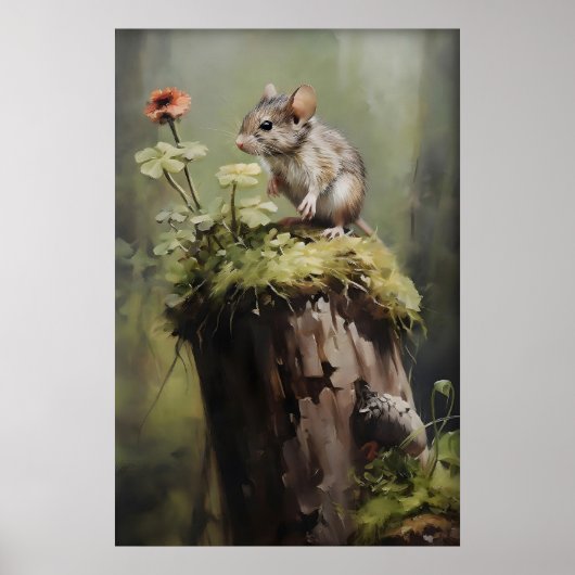 Maus auf Baumstumpf Wald Druck, Dark Academia Tier Poster (Vorne)