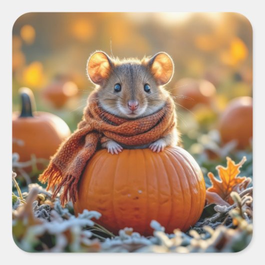 Maus auf einem Autumn Pumpkin Quadratischer Aufkleber (Vorderseite)