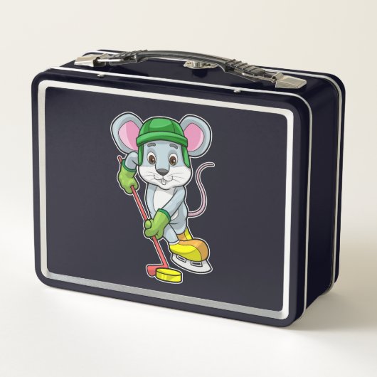 Maus bei Eishockey mit Hockeystick Metall Brotdose (Rückseite)