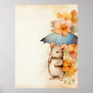 Maus blaue Schirm orange und blaue Blumen Poster