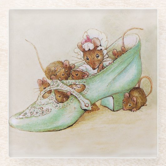 Maus Familie in einem Schuhwerk von Beatrix Potter Glasuntersetzer (Vorderseite)