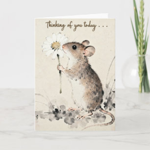 Maus hält eine Blume und denkt an dich Karte