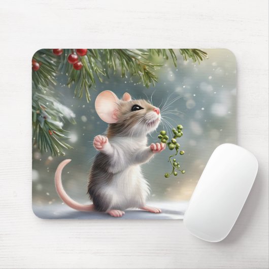 Maus hält einen Mistletoe Sprig Mousepad (Mit Mouse)