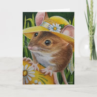 Maus im Häubchen findet gelbes Ei Aquarell Kunst