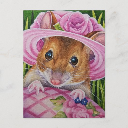 Maus in Bonnet gefunden rosa Eier Wasserfarbe Kuns Postkarte (Vorderseite)