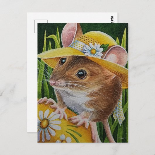 Maus in Bonnet Gelb Eier Wasserfarbe Kunst Postkarte (Vorne/Hinten)