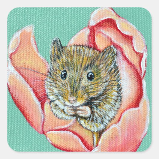 Maus in einem Tulip-Gemälde Quadratischer Aufkleber (Vorderseite)