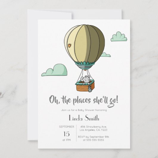 Maus in Hot Air Ballon Neutral Baby Dusche Einladung (Vorderseite)