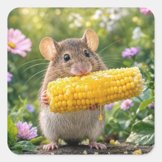 Maus isst Maiskolben Quadratischer Aufkleber (Vorderseite)