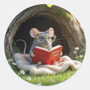 Maus liest ein rotes Buch auf einer Decke Runder Aufkleber