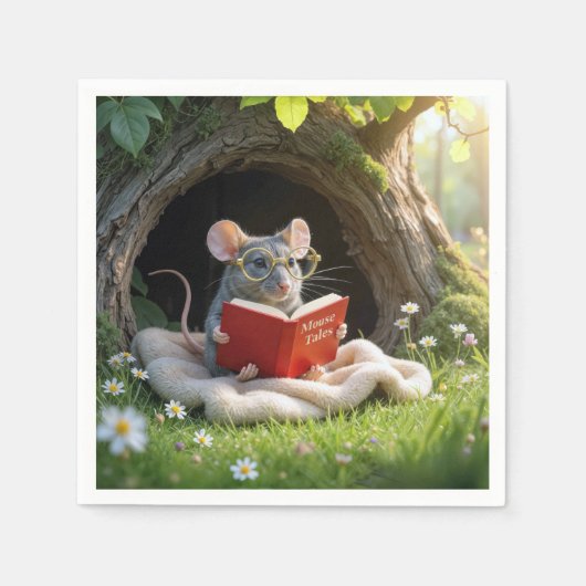 Maus liest ein rotes Buch auf einer Decke Serviette (Vorderseite)