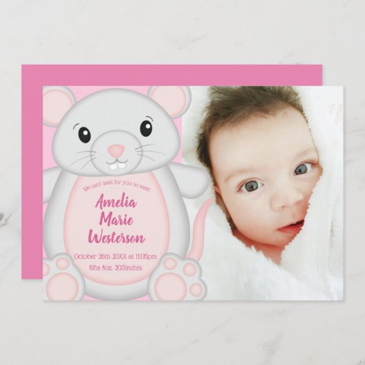 Maus Mäuse Baby Dusche Rosa Einladung (Vorne/Hinten)