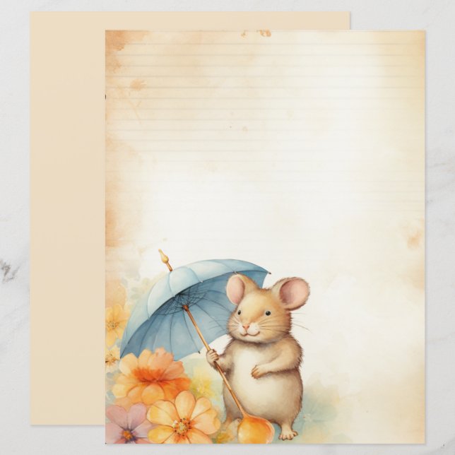 Maus mit blauem Schirm orange-rosa Blume Papier (Vorne/Hinten)