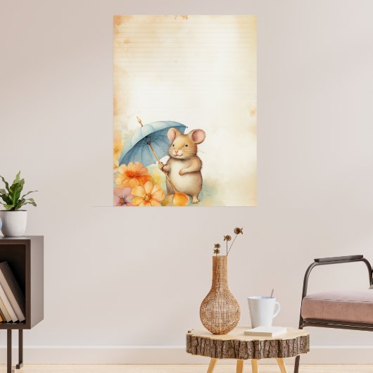 Maus mit blauem Schirm orange-rosa Blume Papier Poster (Wohnzimmer 3)