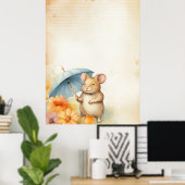 Maus mit blauem Schirm orange-rosa Blume Papier Poster (Heimbüro)