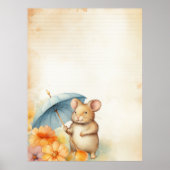 Maus mit blauem Schirm orange-rosa Blume Papier Poster (Vorne)