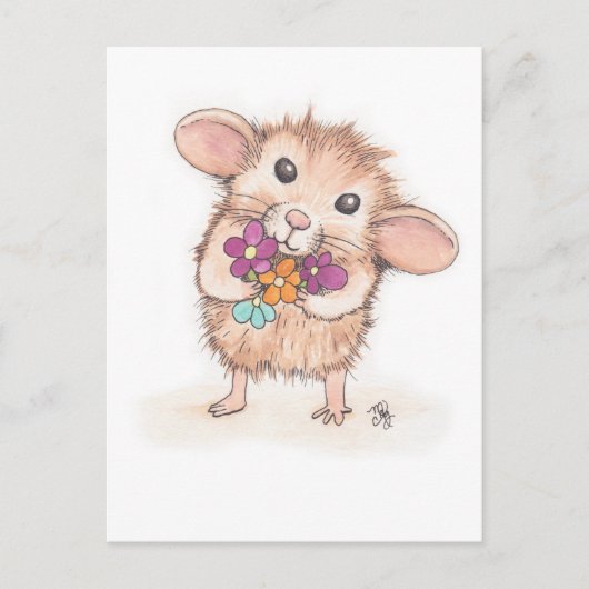 Maus mit Blume Bouquet Postkarte (Vorderseite)