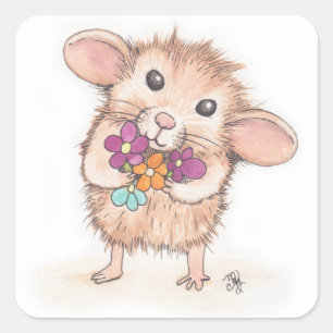 Maus mit Blume Bouquet Quadratischer Aufkleber