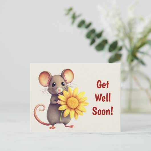 Maus mit der Gelben Blume Niedlich bald gut werden Postkarte (Stehend Vorderseite)