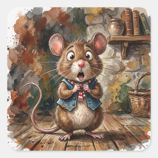 Maus mit einem überraschten Blick  Quadratischer Aufkleber (Vorderseite)