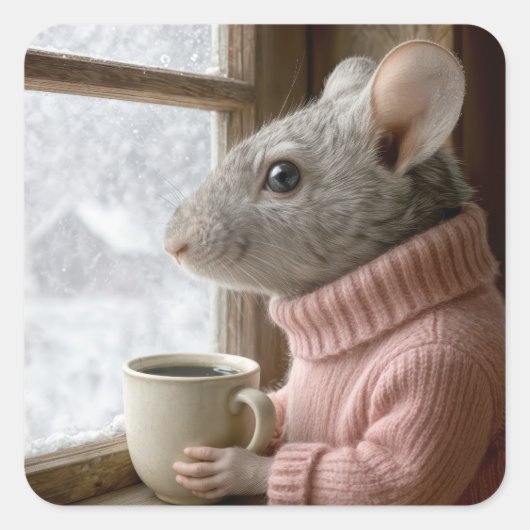 Maus mit einer Tasse Kaffee Quadratischer Aufkleber (Vorderseite)